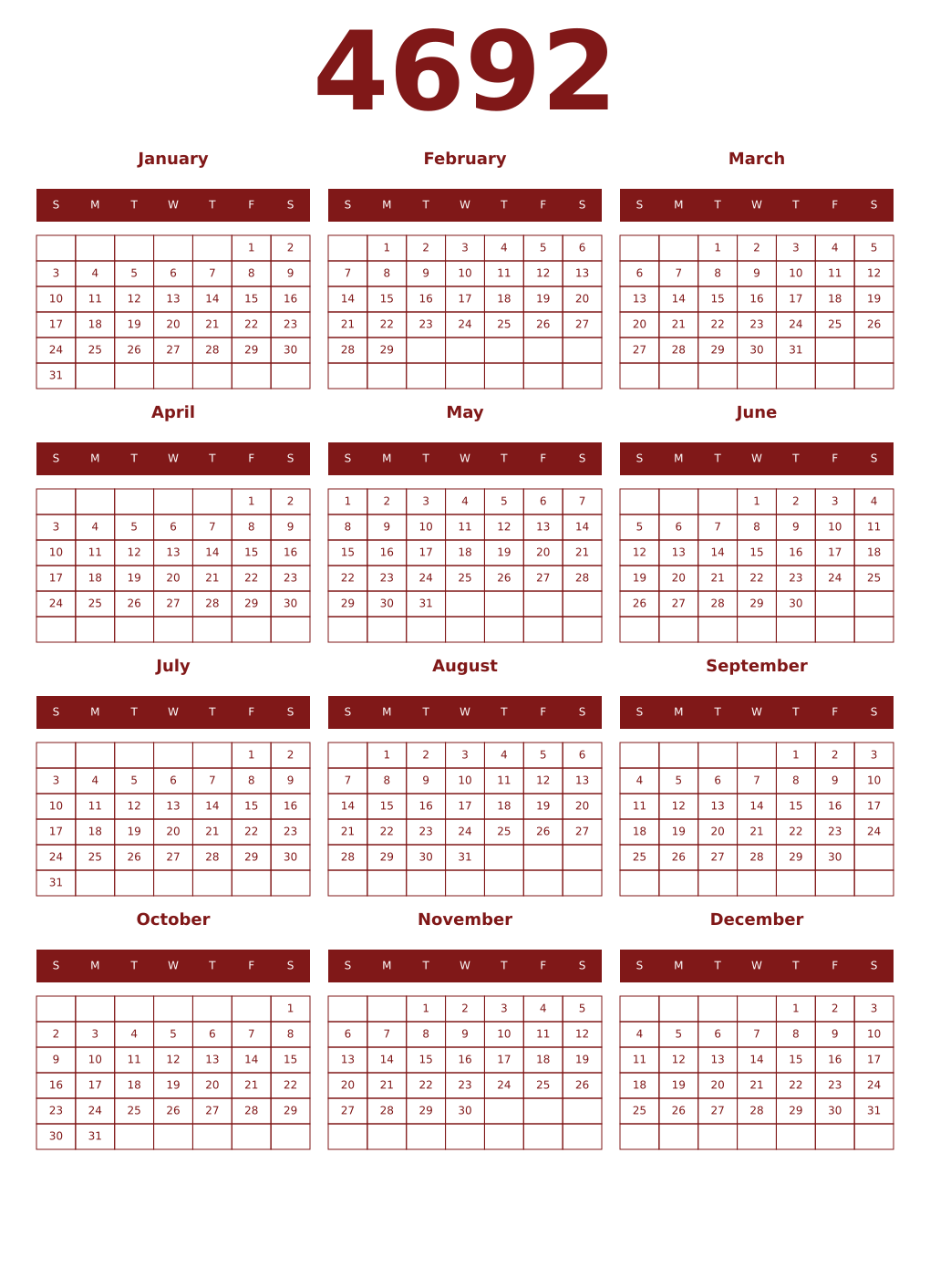 Printable 4692 Year Calendars falu