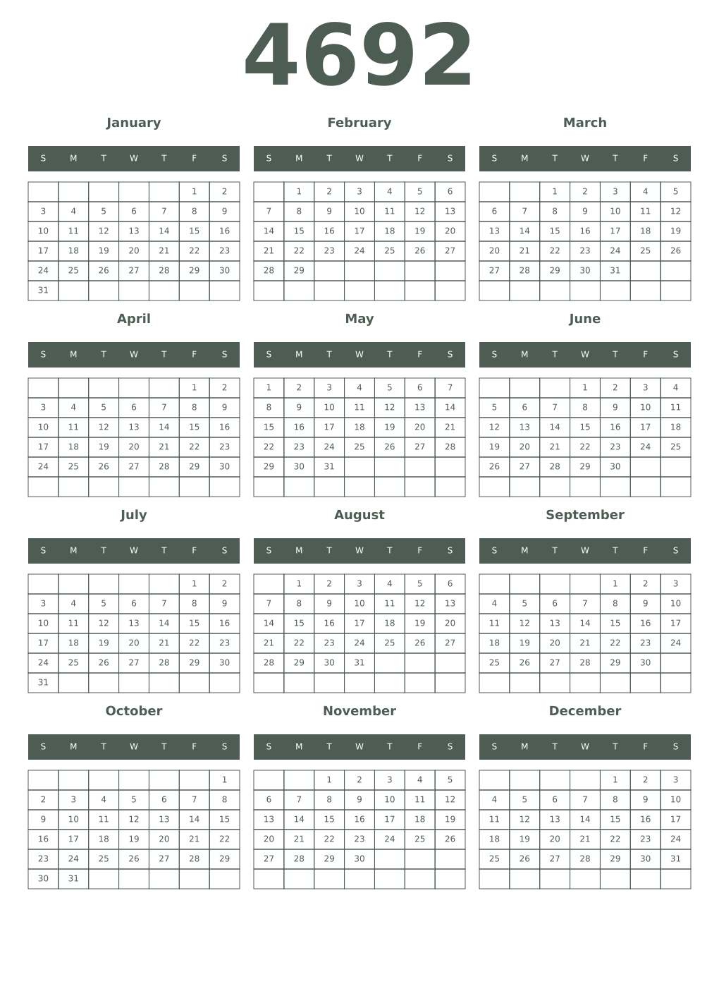 Printable 4692 Year Calendars feldgrau