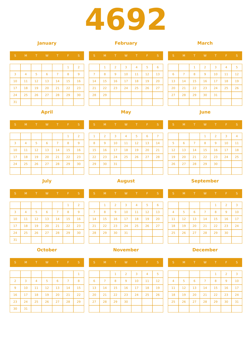 Printable 4692 Year Calendars gamboge