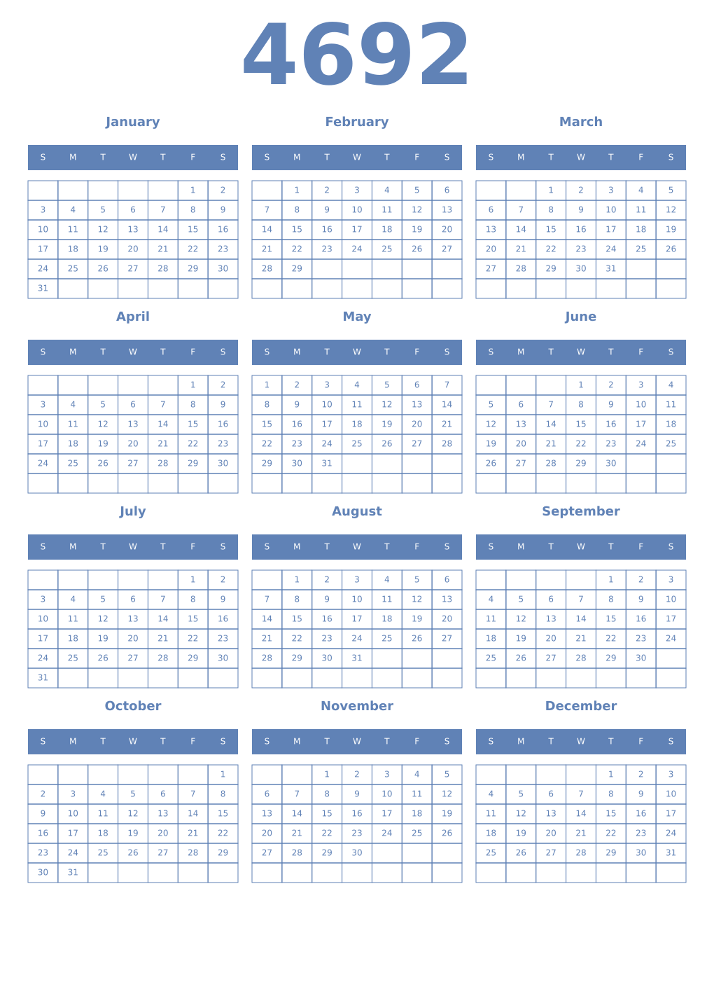 Printable 4692 Year Calendars glaucous