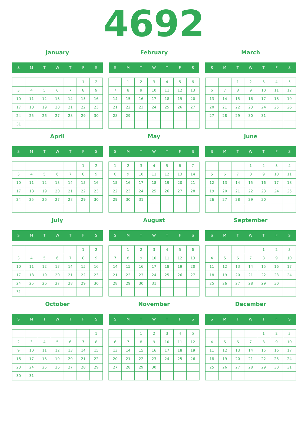 Printable 4692 Year Calendars green