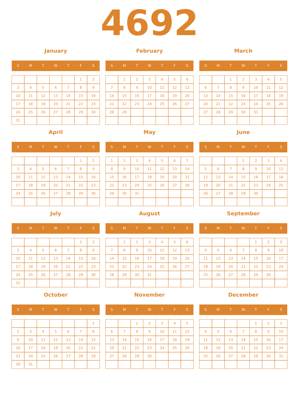 Printable 4692 Year Calendars orange