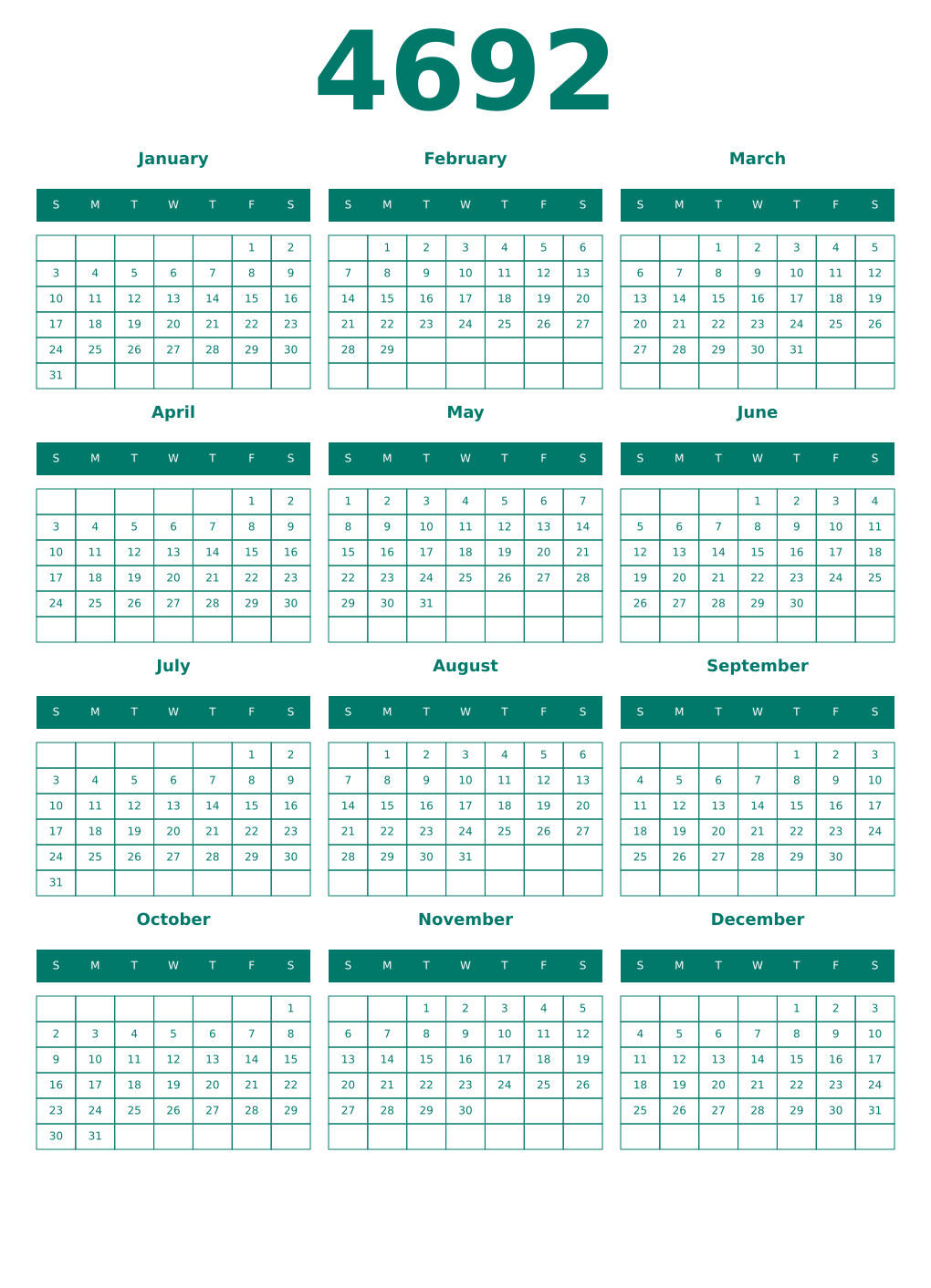 Printable 4692 Year Calendars pastel