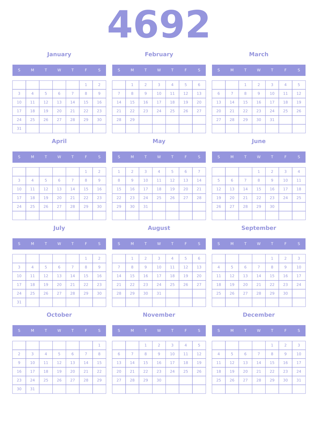 Printable 4692 Year Calendars periwinkle