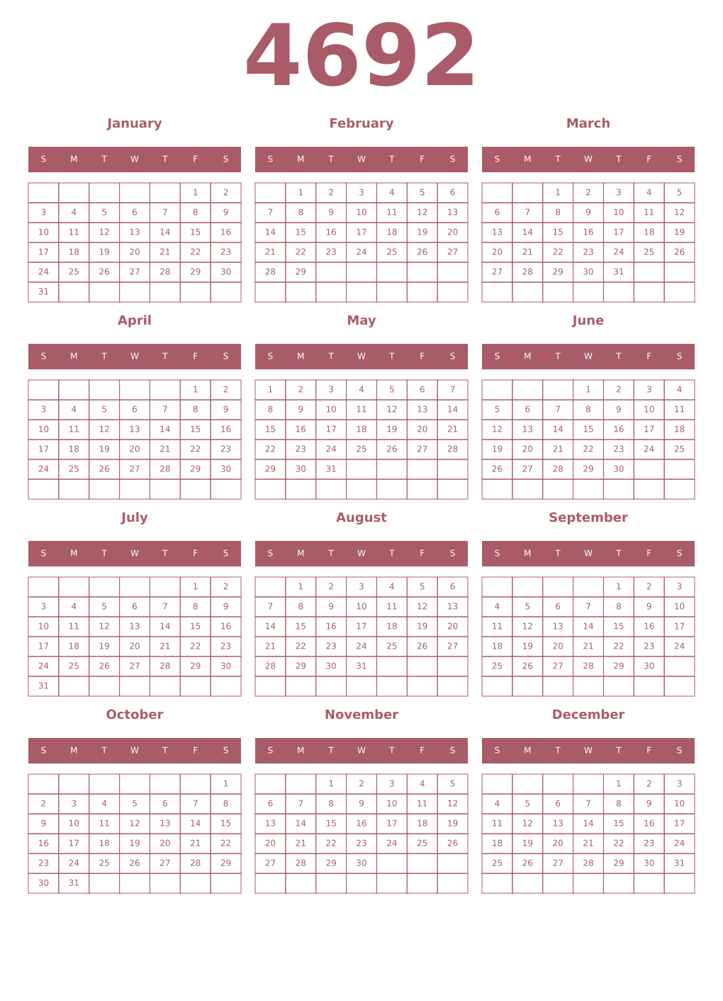Printable 4692 Year Calendars puce