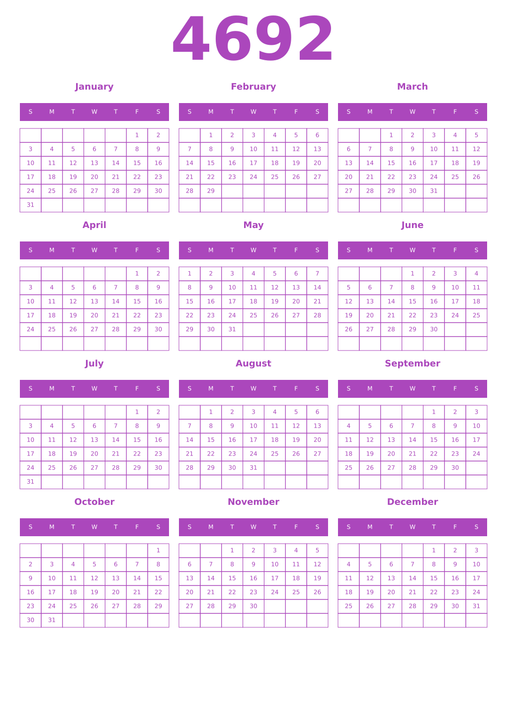 Printable 4692 Year Calendars purple