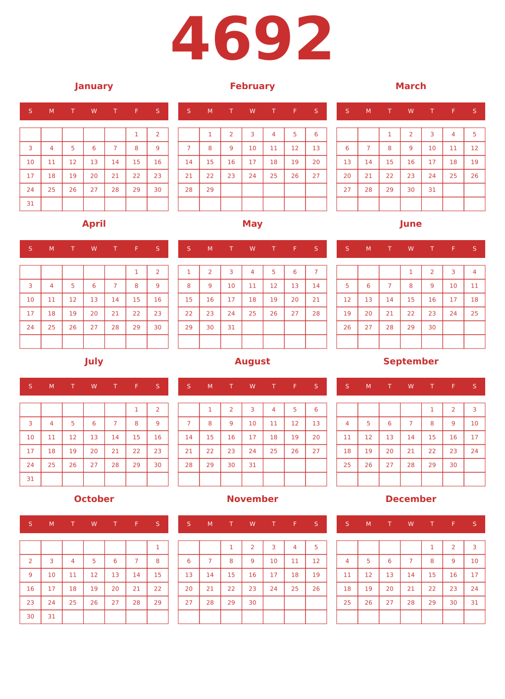 Printable 4692 Year Calendars red