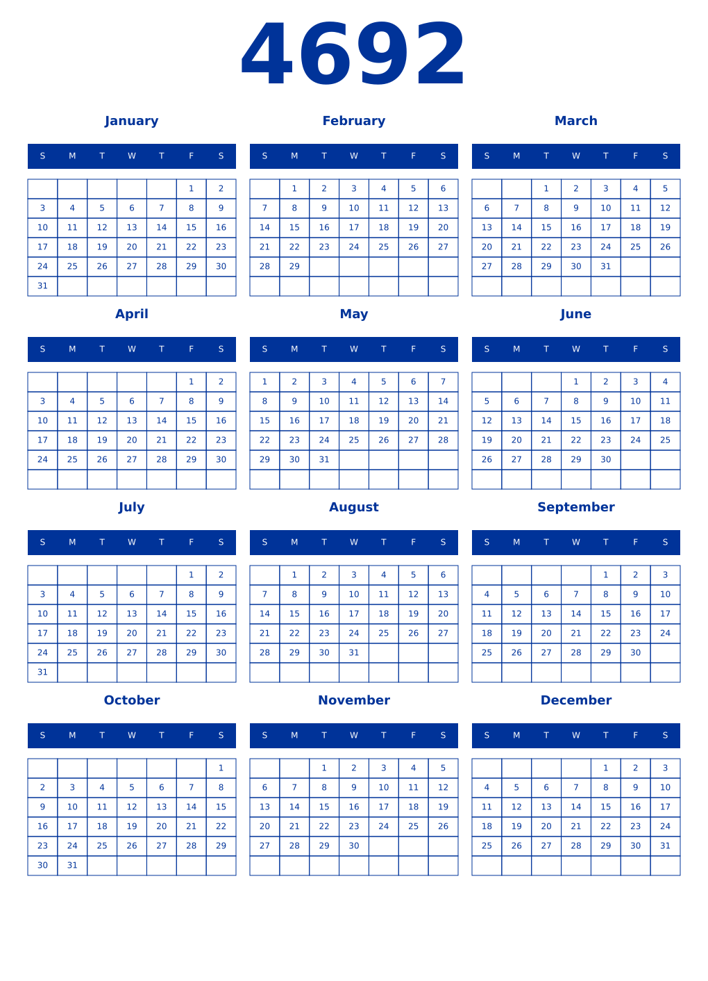 Printable 4692 Year Calendars smalt