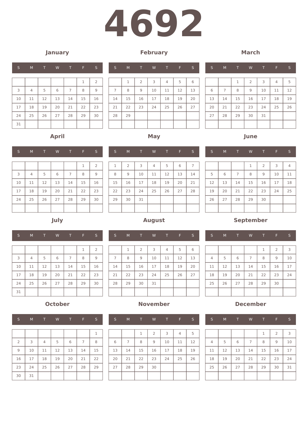 Printable 4692 Year Calendars wenge