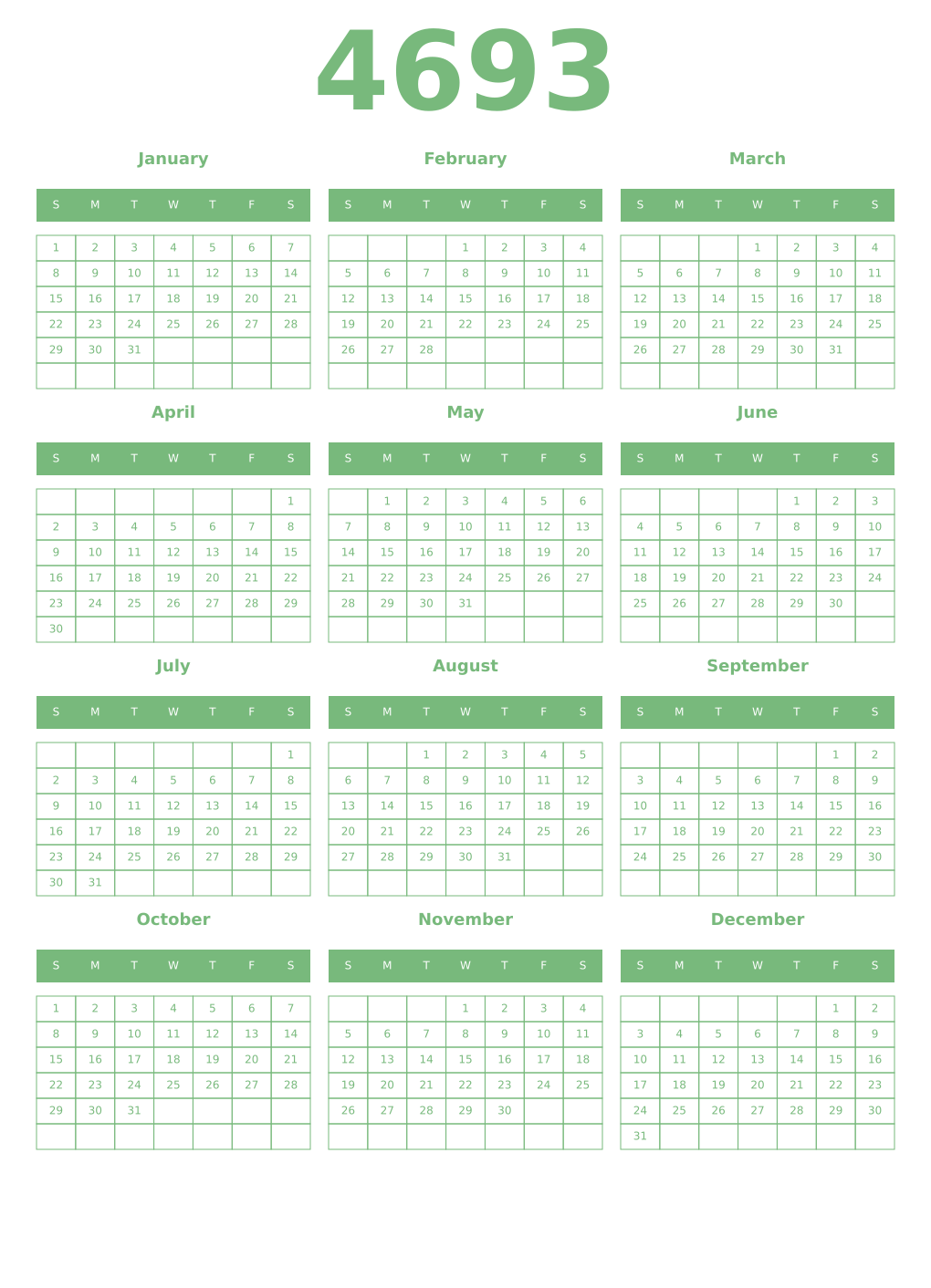 Printable 4693 Year Calendars celadon
