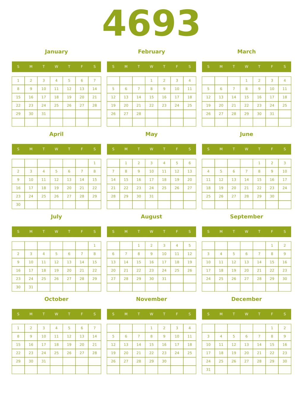 Printable 4693 Year Calendars chartreuse