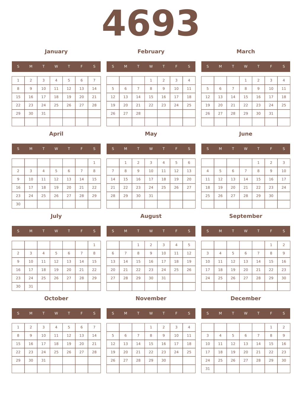 Printable 4693 Year Calendars coffe