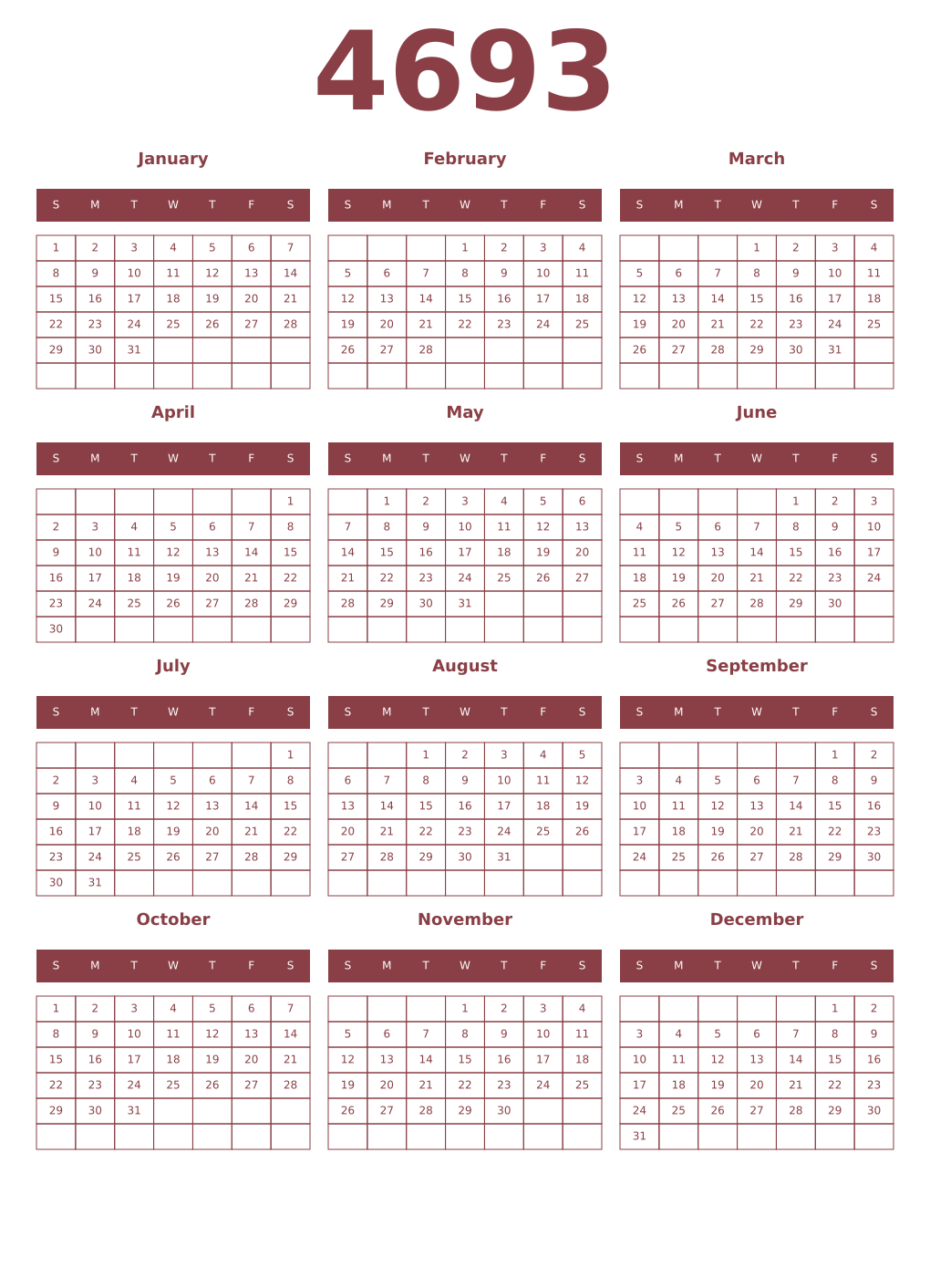 Printable 4693 Year Calendars cordovan