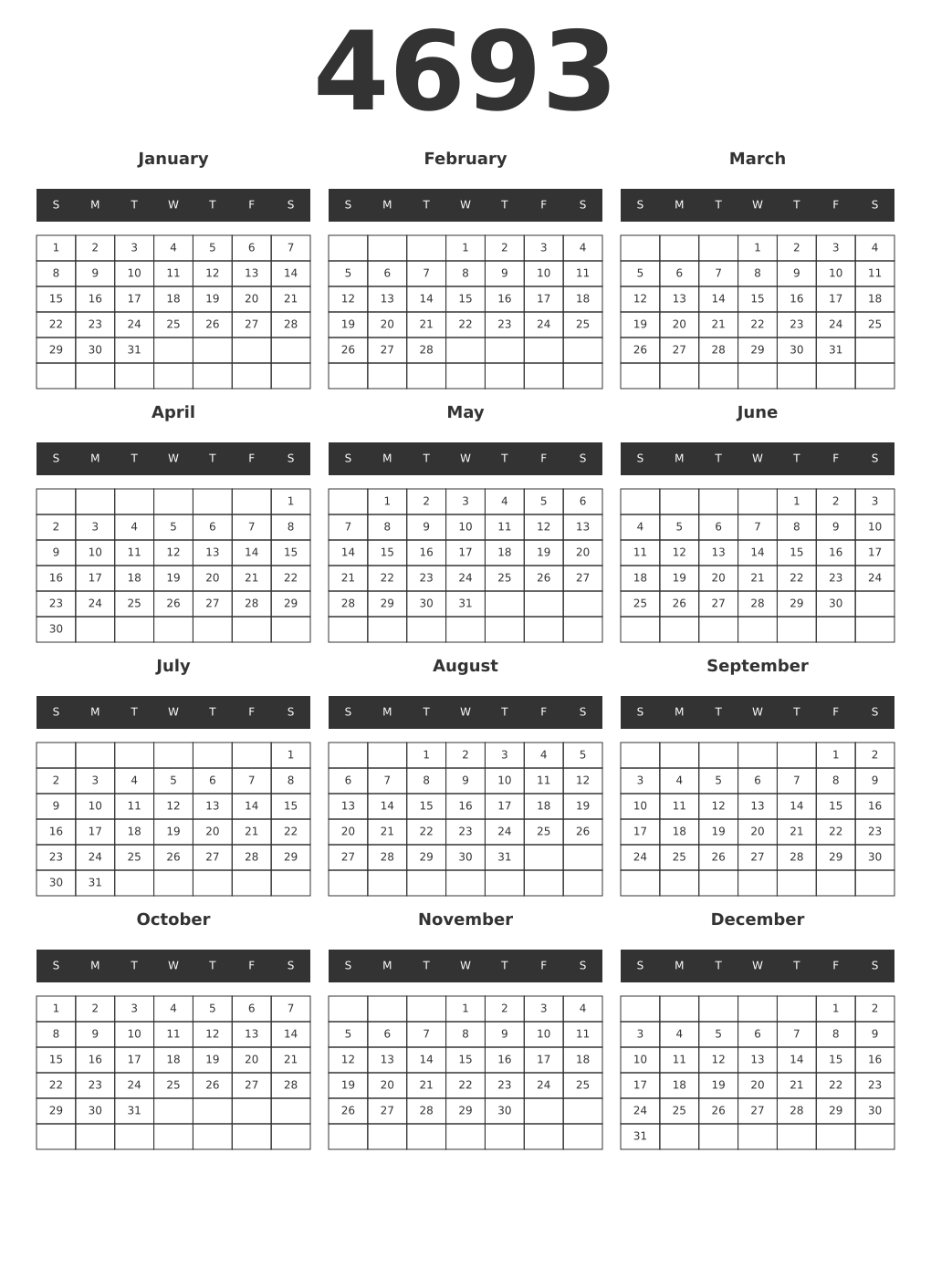 Printable 4693 Year Calendars dark