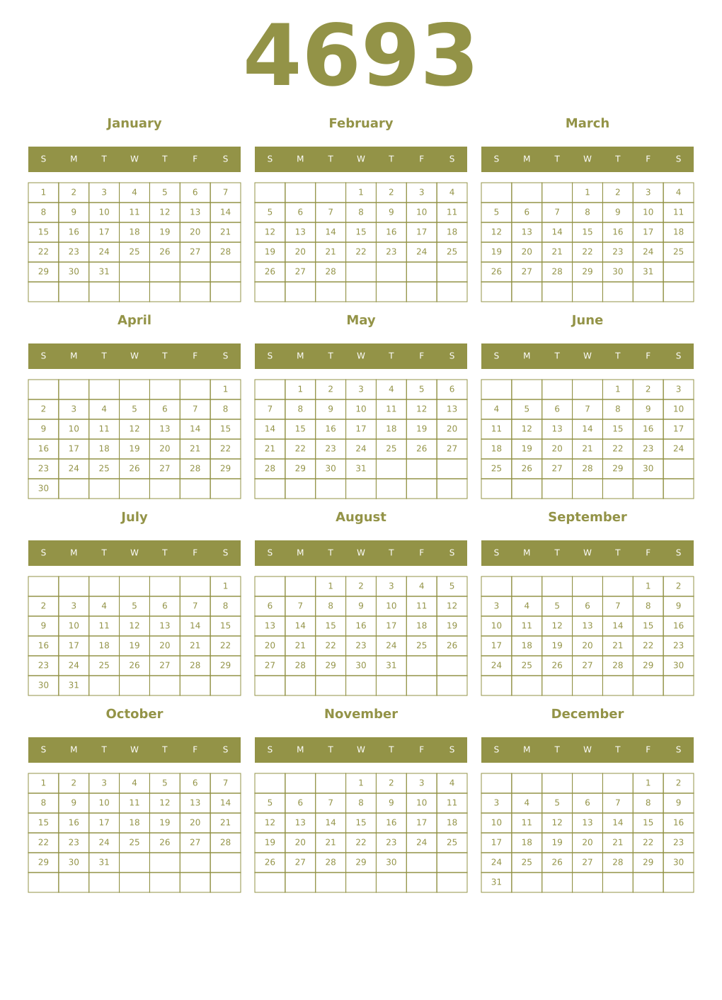 Printable 4693 Year Calendars eburnean