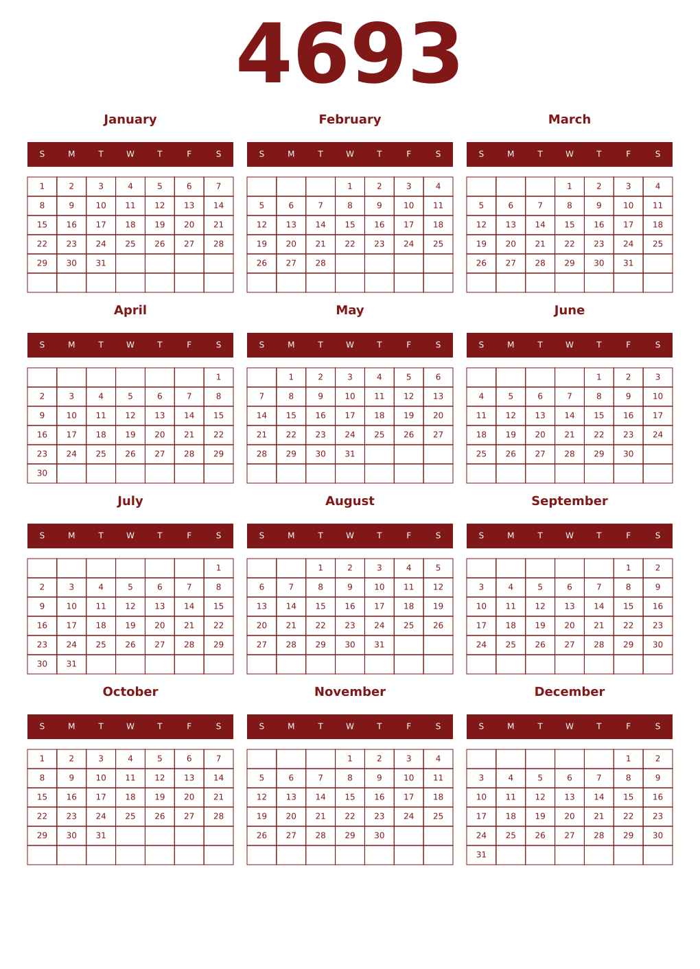 Printable 4693 Year Calendars falu