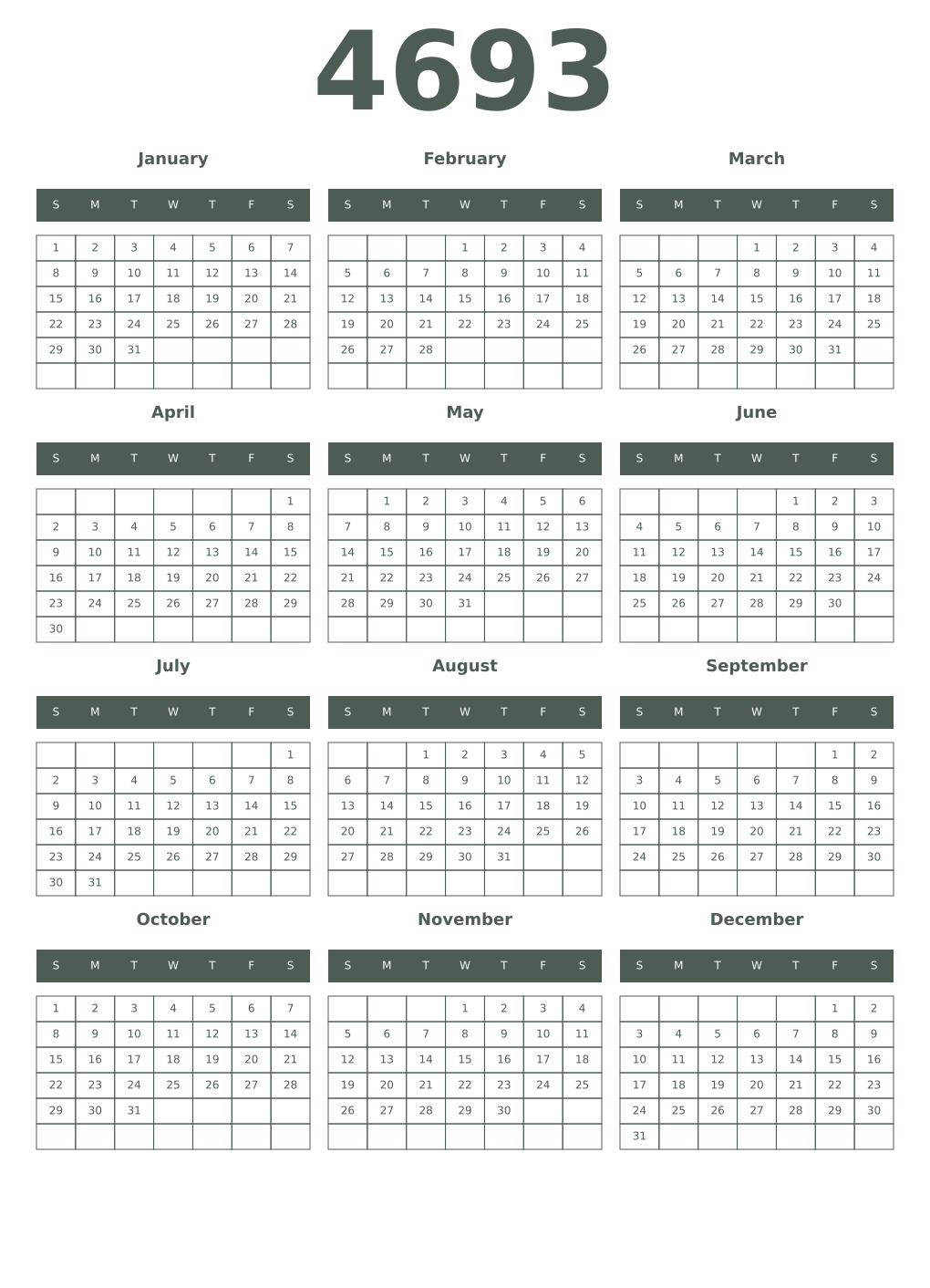 Printable 4693 Year Calendars feldgrau