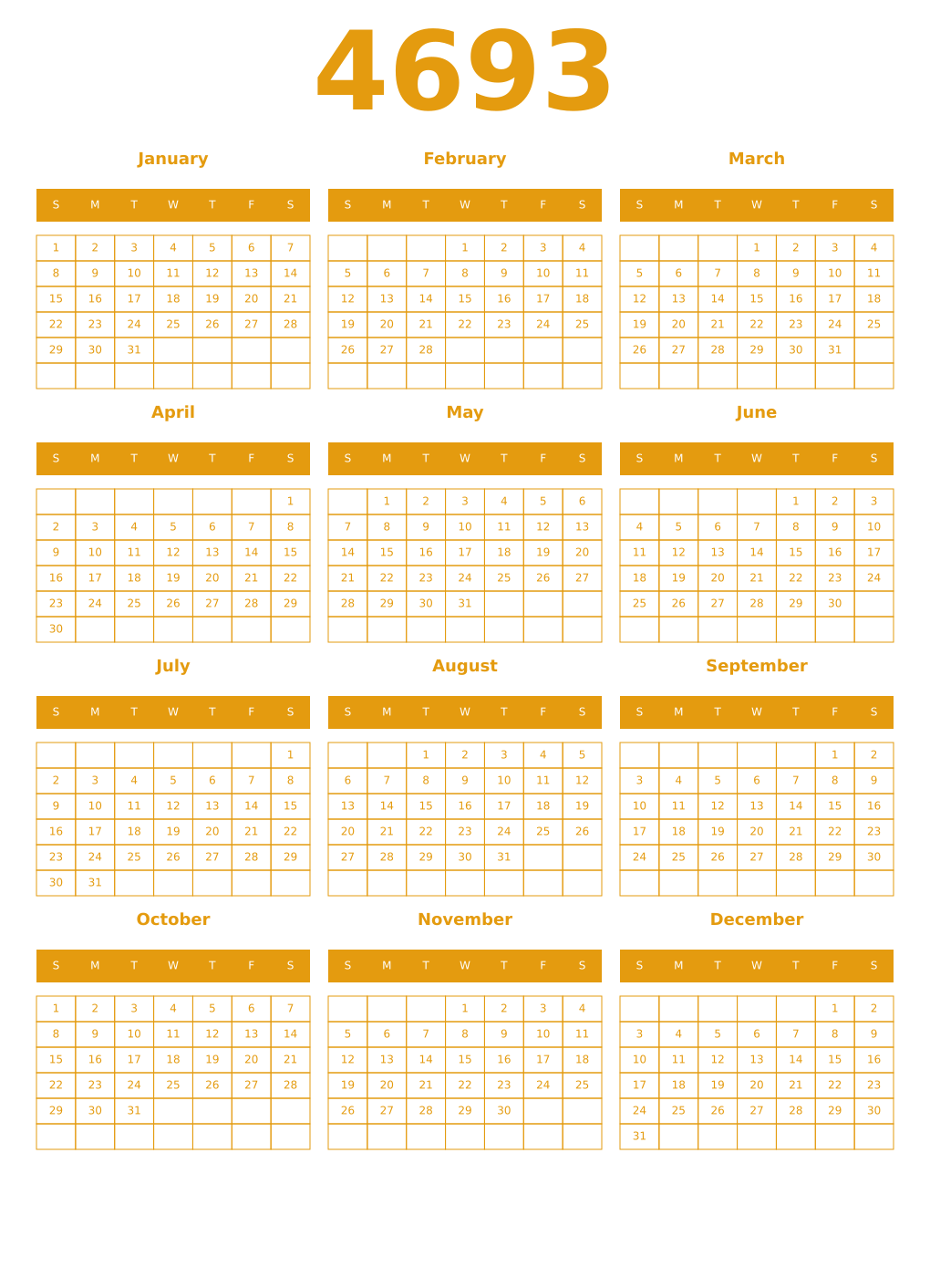 Printable 4693 Year Calendars gamboge