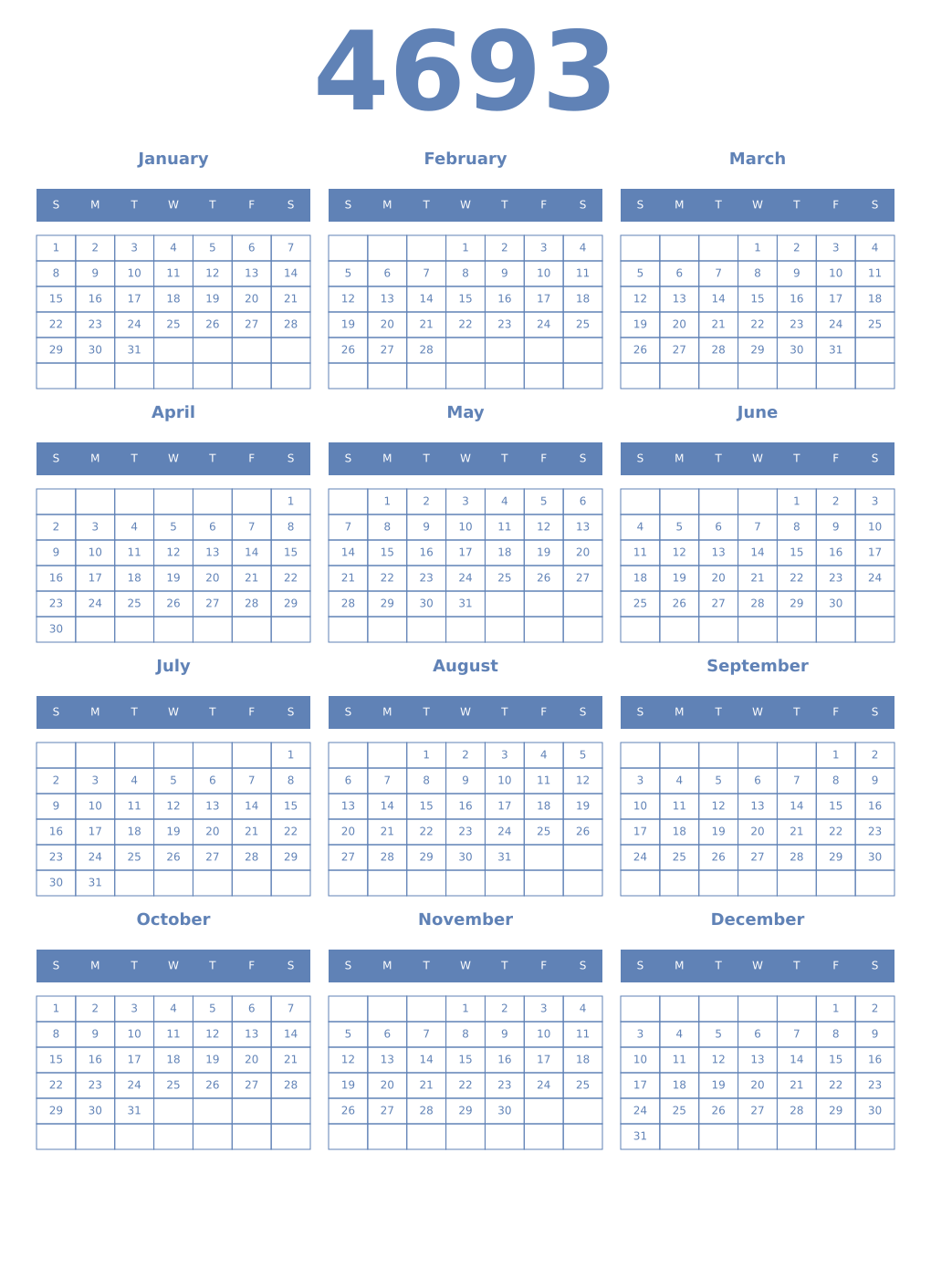 Printable 4693 Year Calendars glaucous