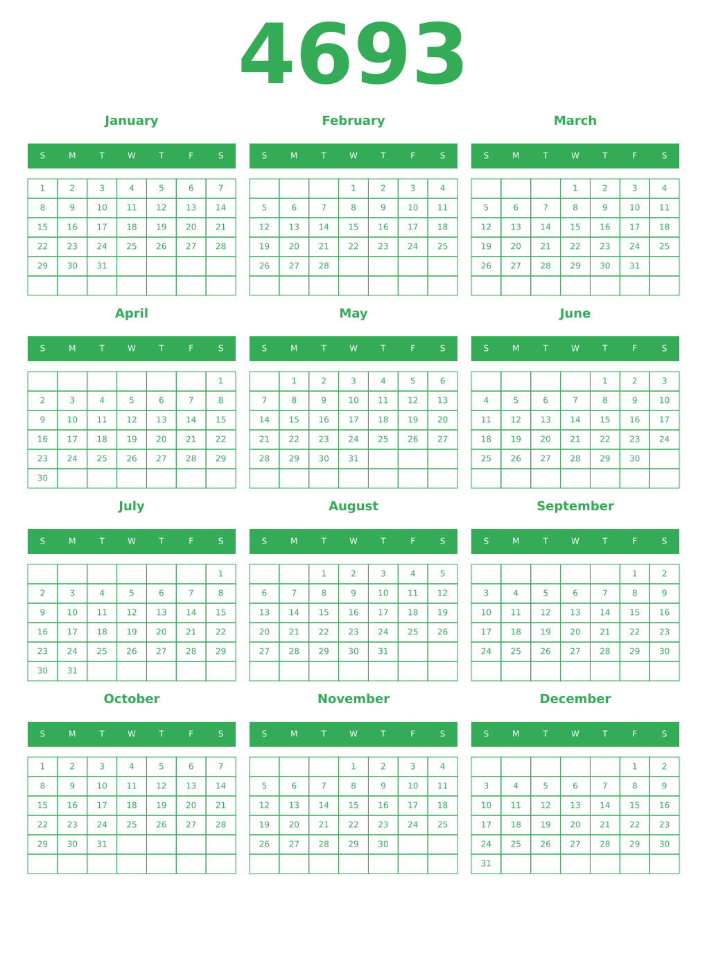 Printable 4693 Year Calendars green