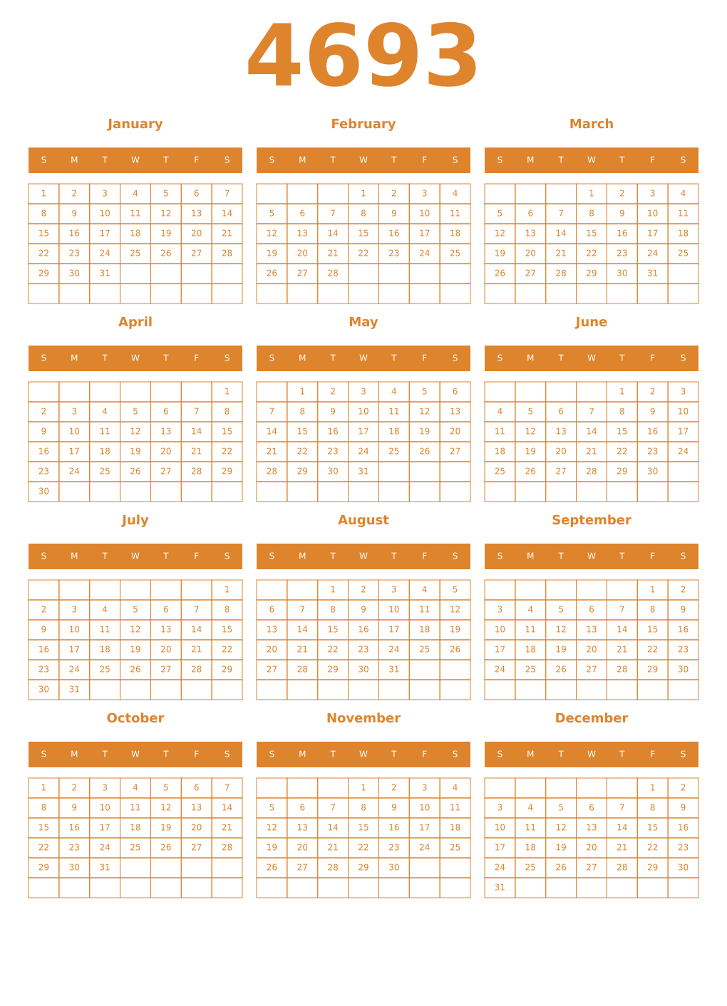 Printable 4693 Year Calendars orange