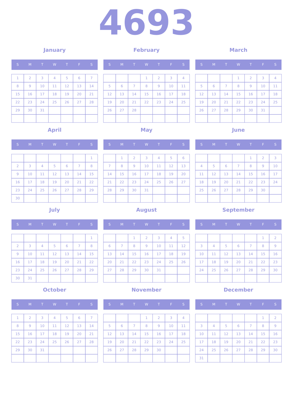 Printable 4693 Year Calendars periwinkle