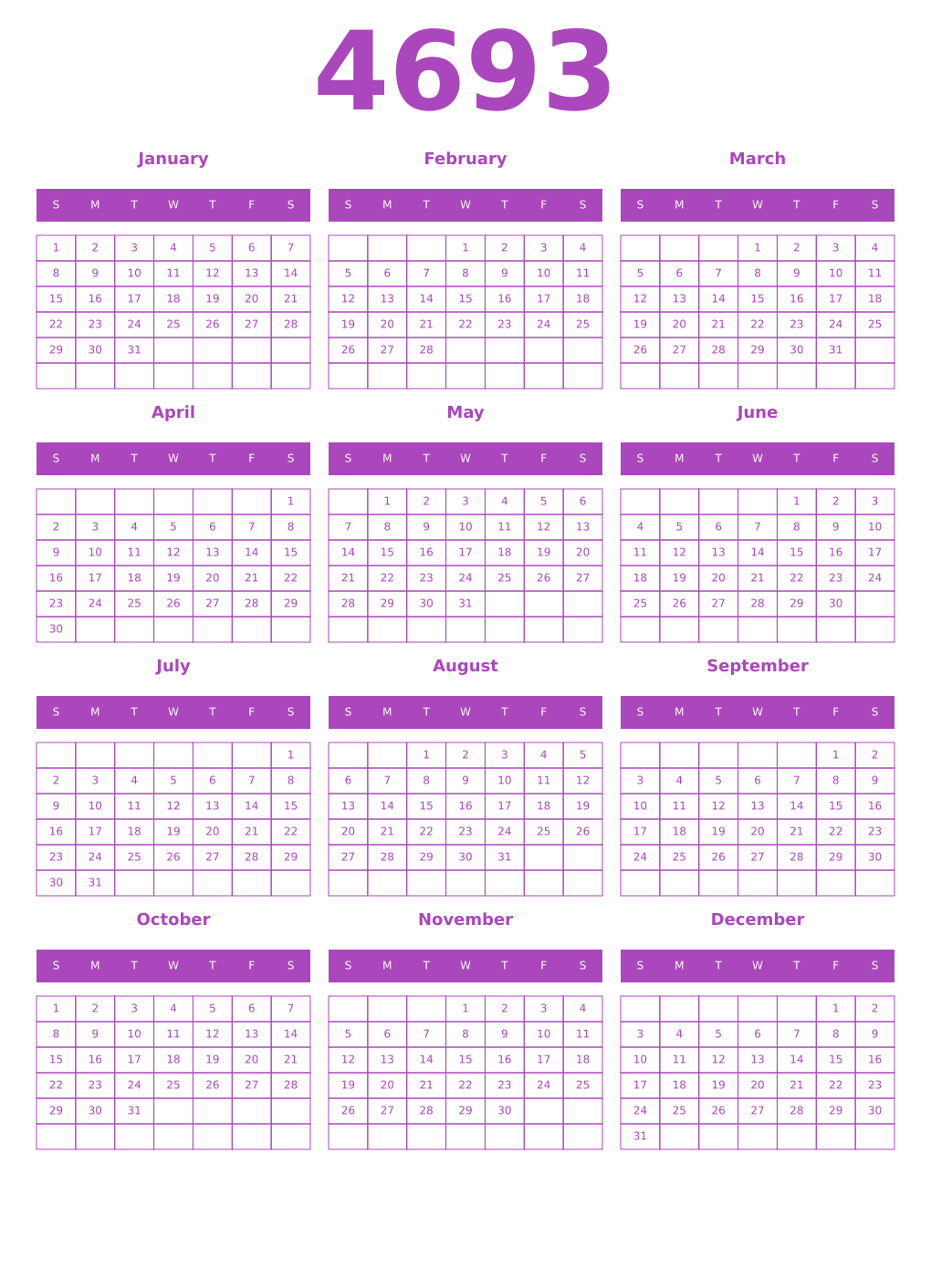 Printable 4693 Year Calendars purple