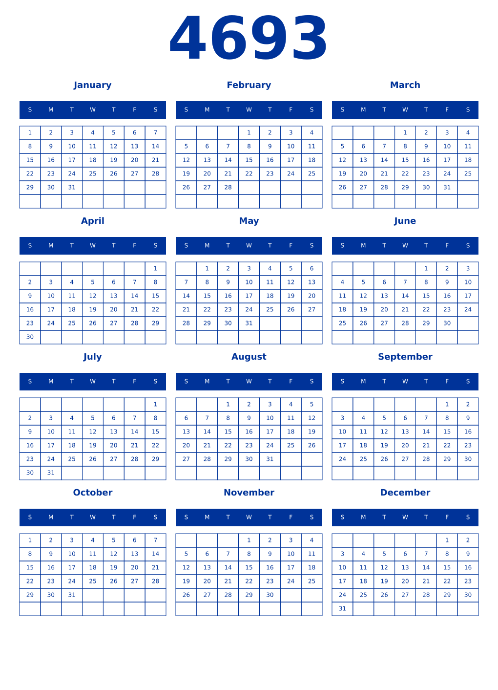 Printable 4693 Year Calendars smalt