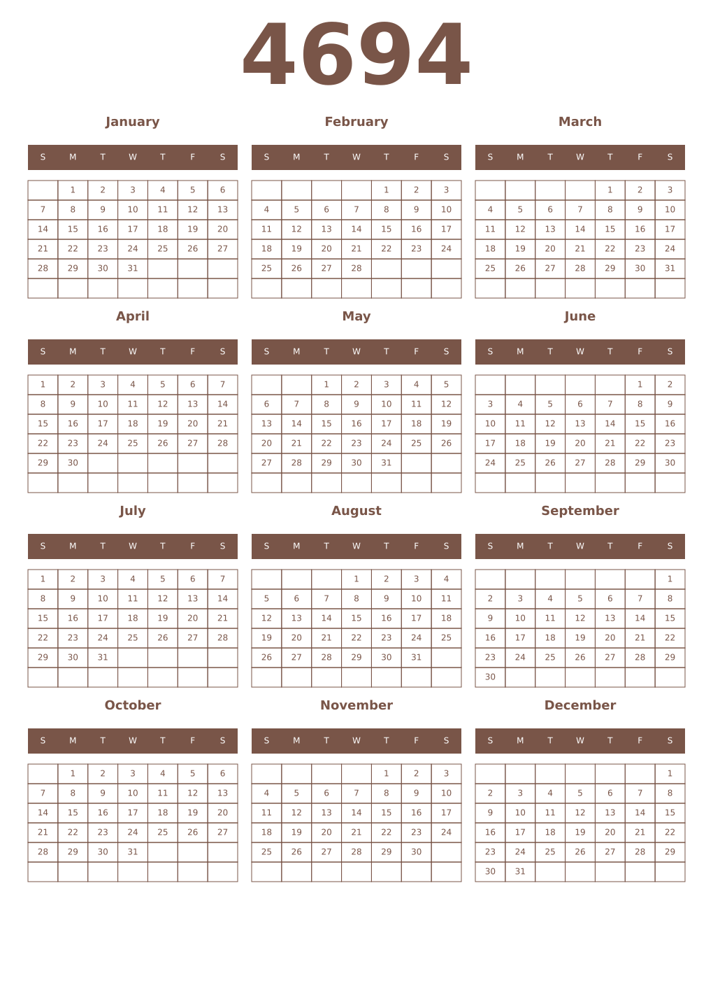 Printable 4694 Year Calendars coffe