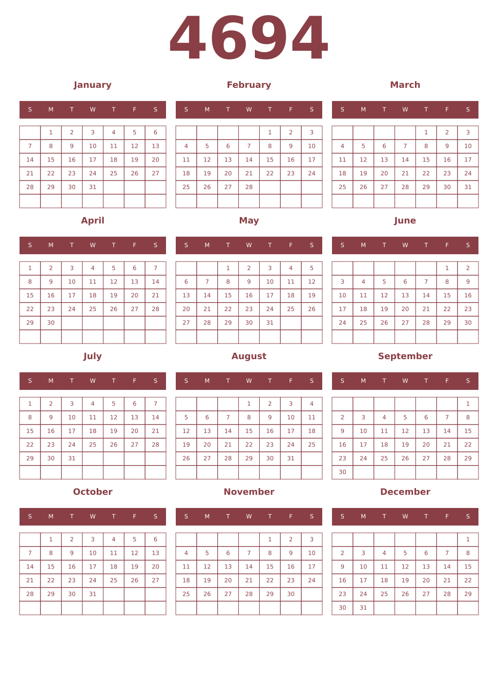 Printable 4694 Year Calendars cordovan