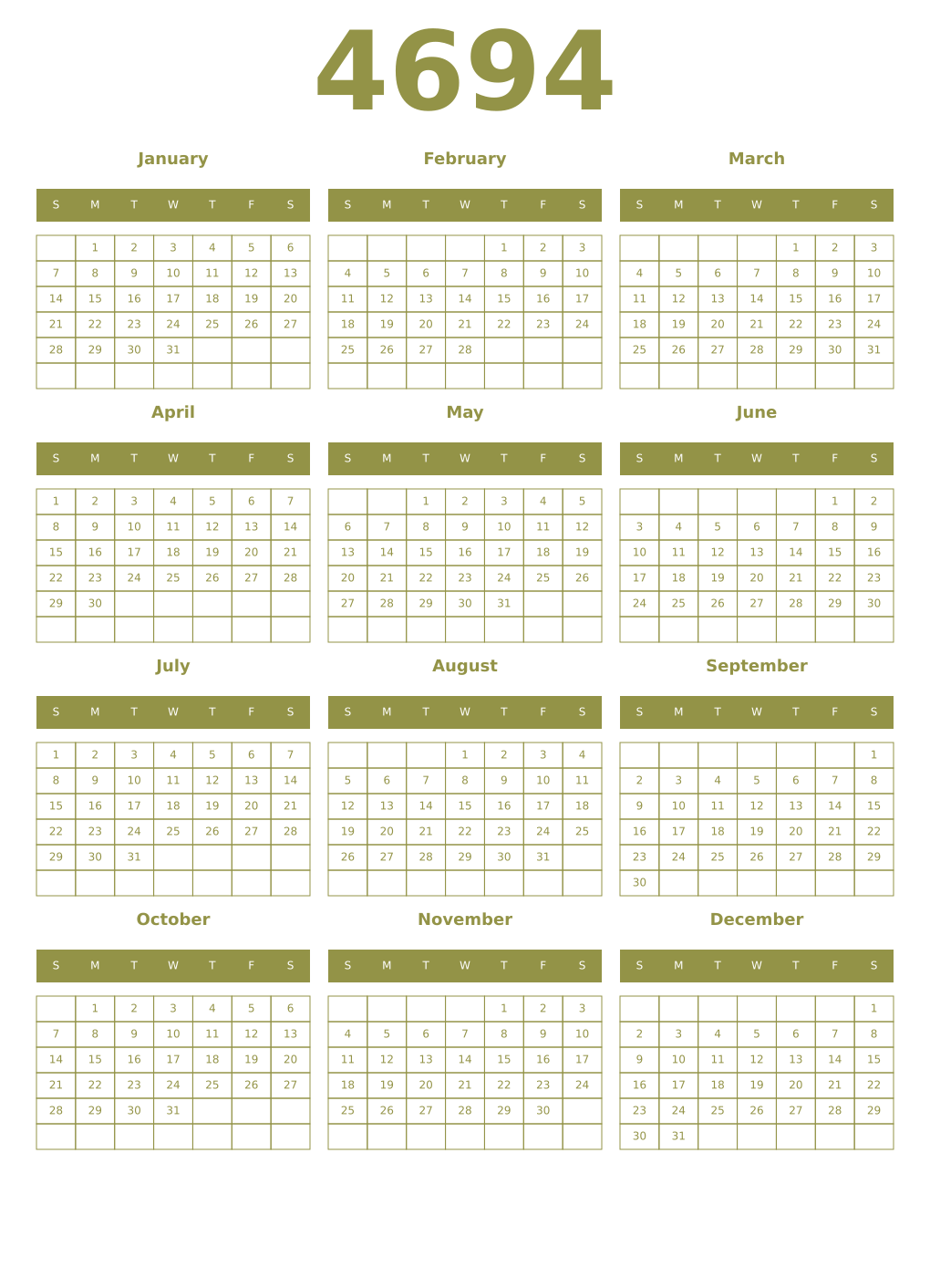 Printable 4694 Year Calendars eburnean