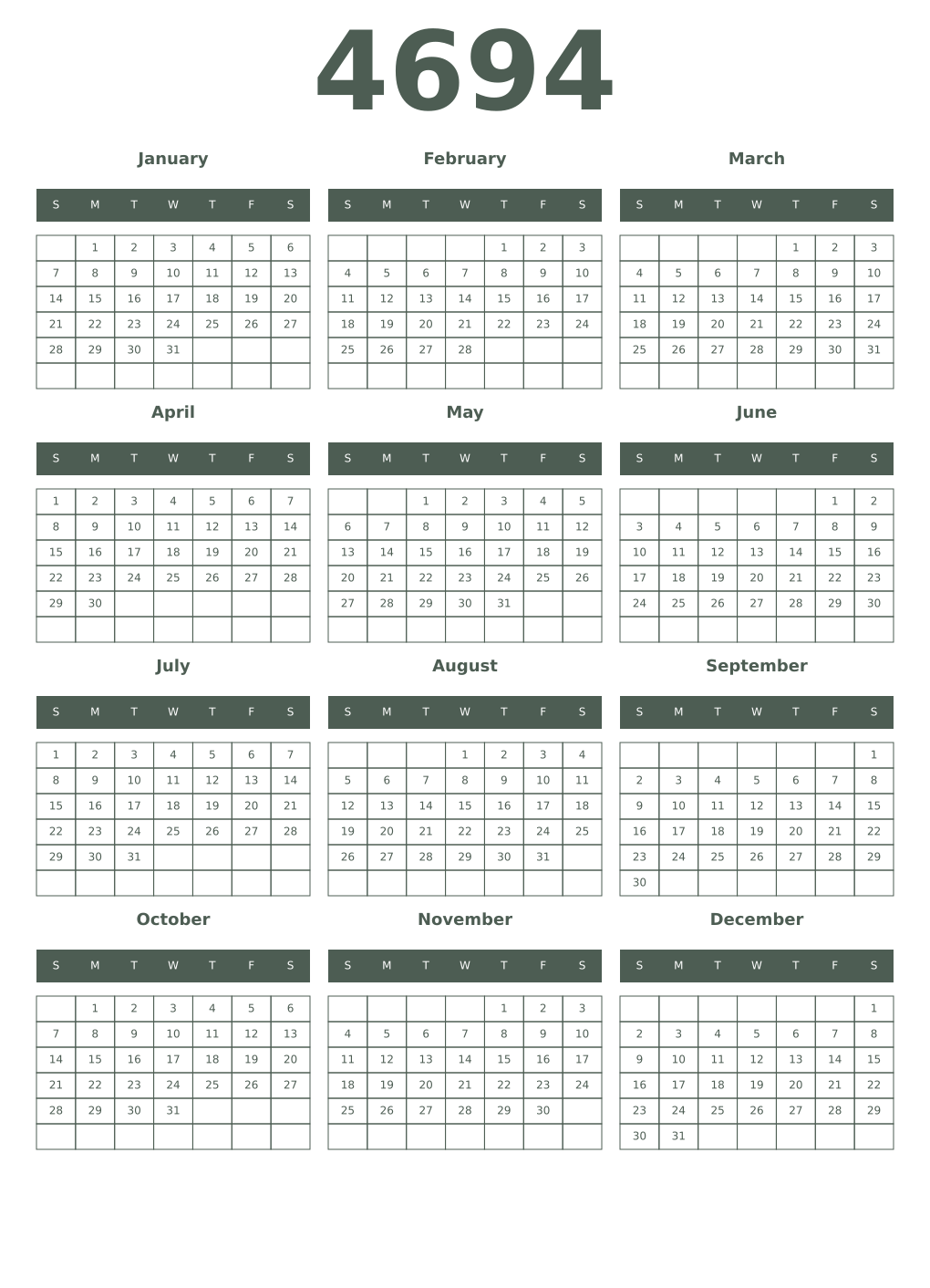 Printable 4694 Year Calendars feldgrau