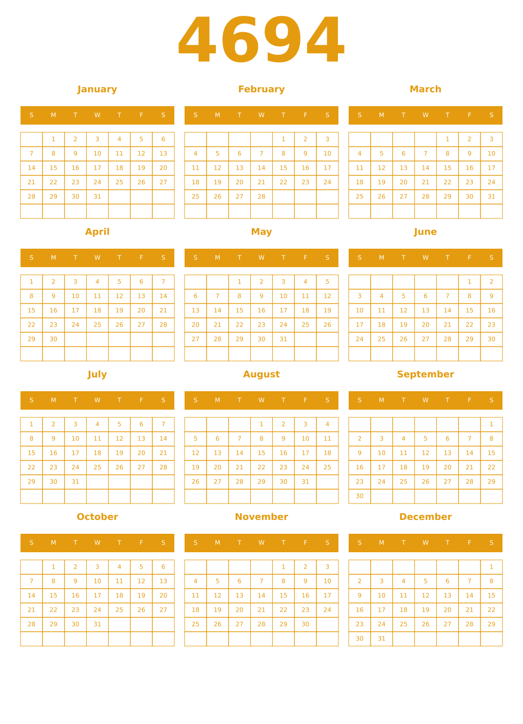 Printable 4694 Year Calendars gamboge