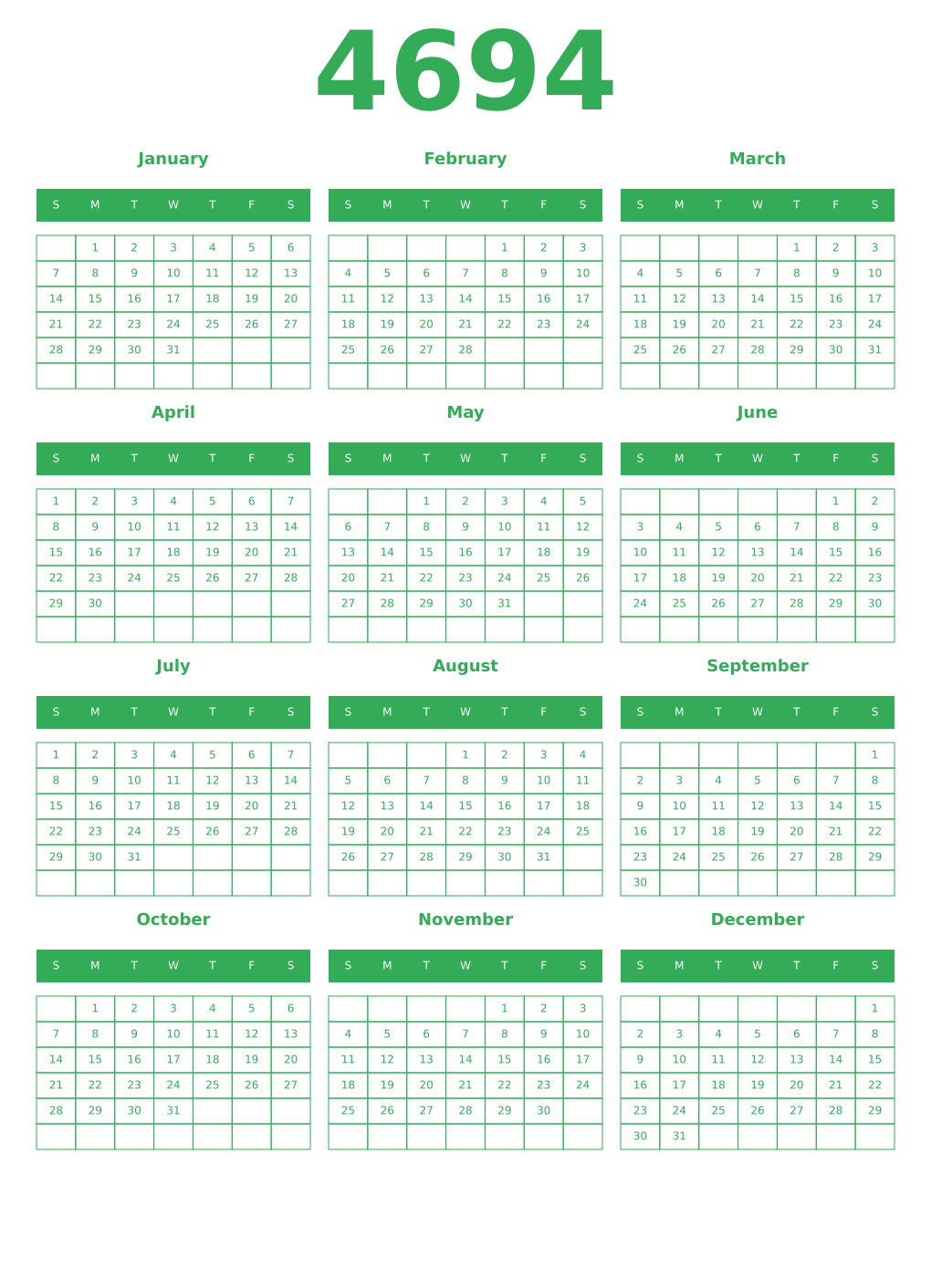 Printable 4694 Year Calendars green
