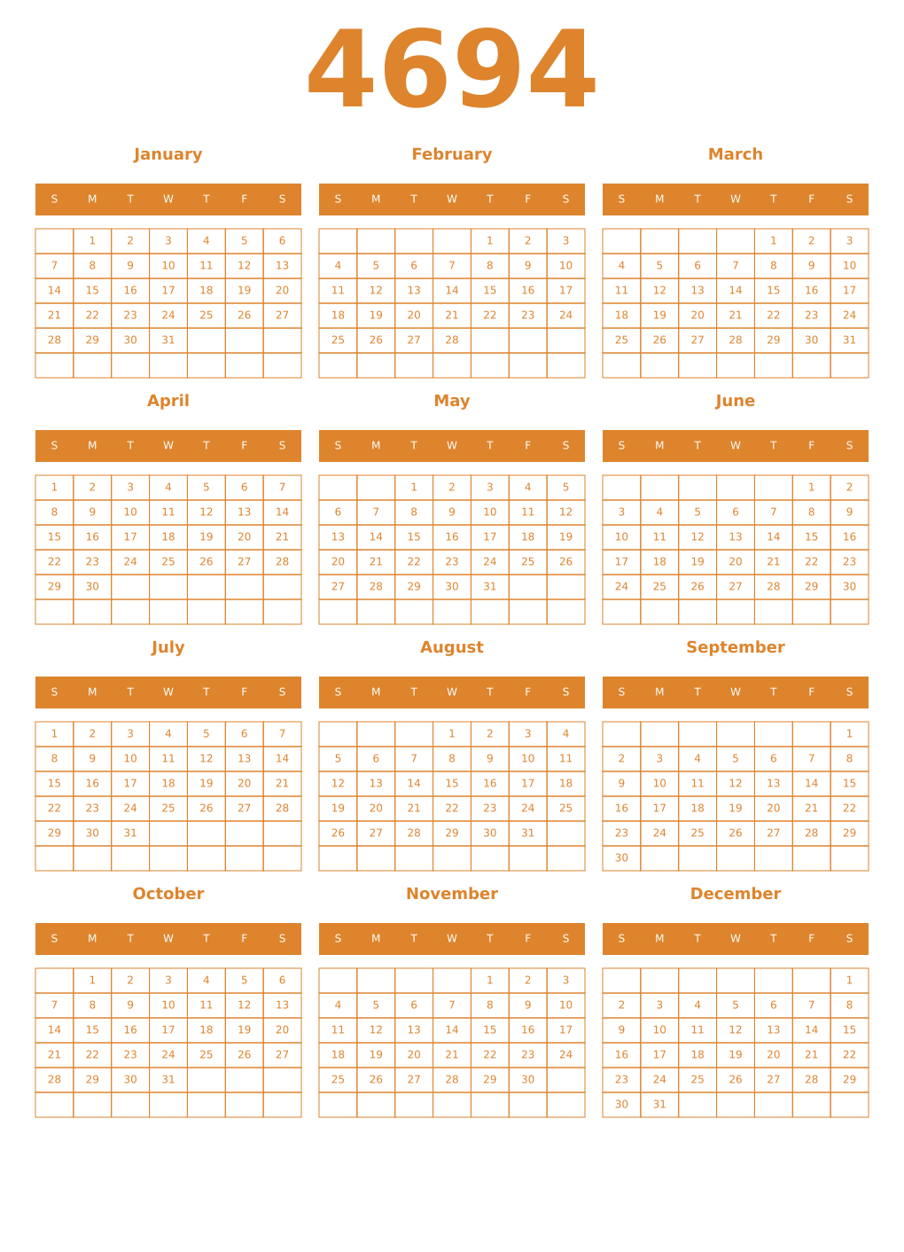 Printable 4694 Year Calendars orange