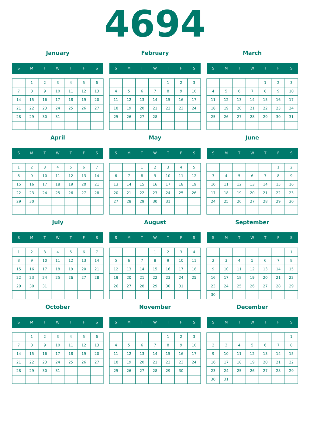 Printable 4694 Year Calendars pastel