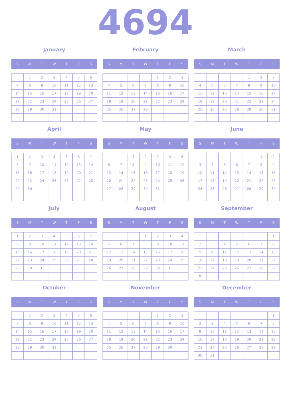 Printable 4694 Year Calendars periwinkle