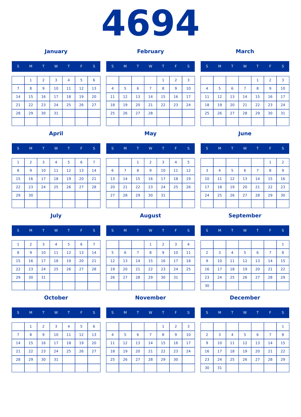 Printable 4694 Year Calendars smalt