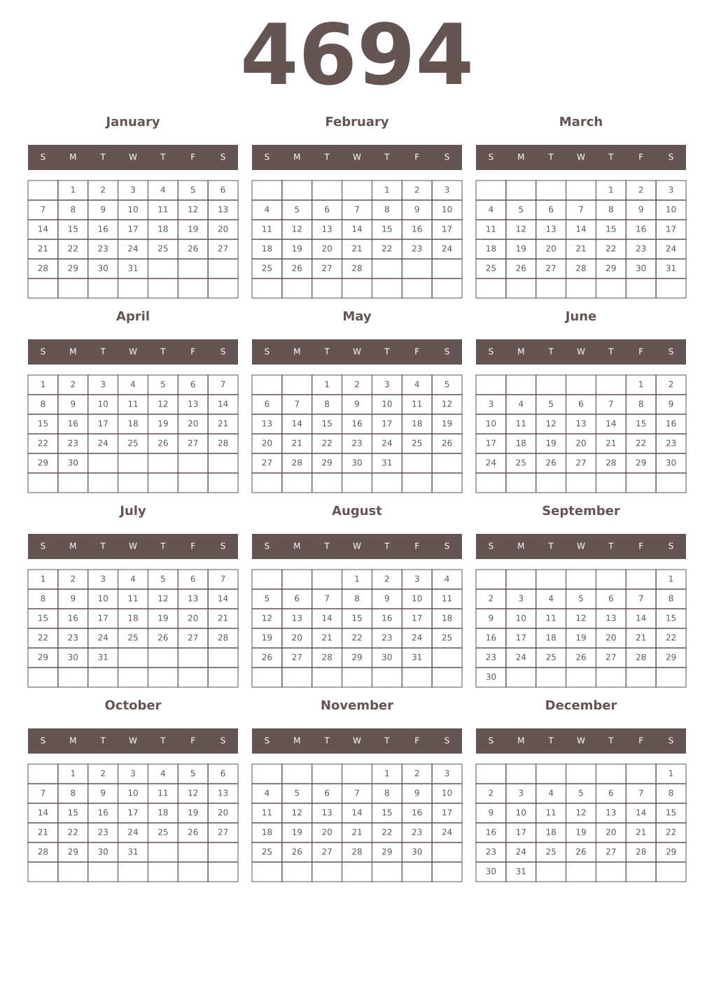 Printable 4694 Year Calendars wenge