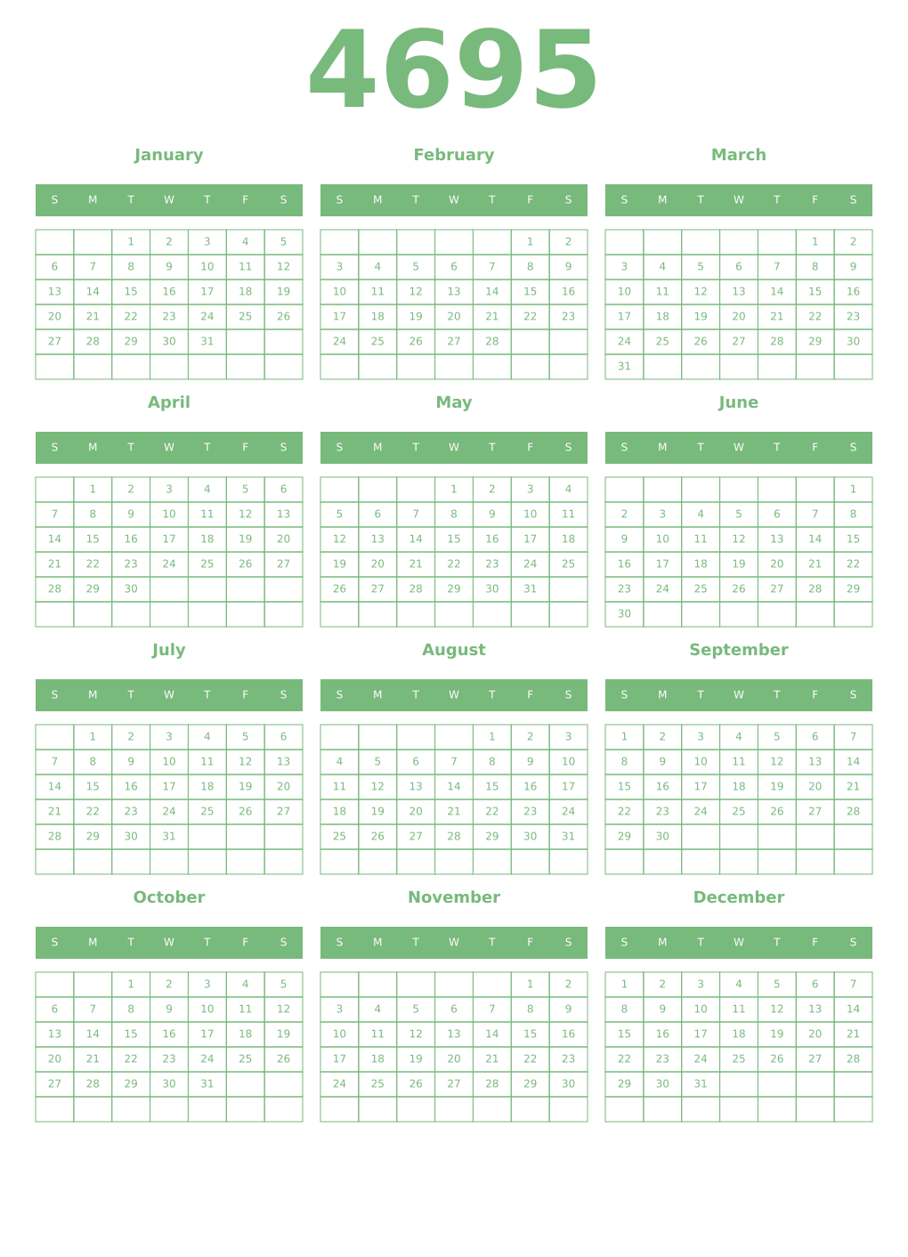 Printable 4695 Year Calendars celadon