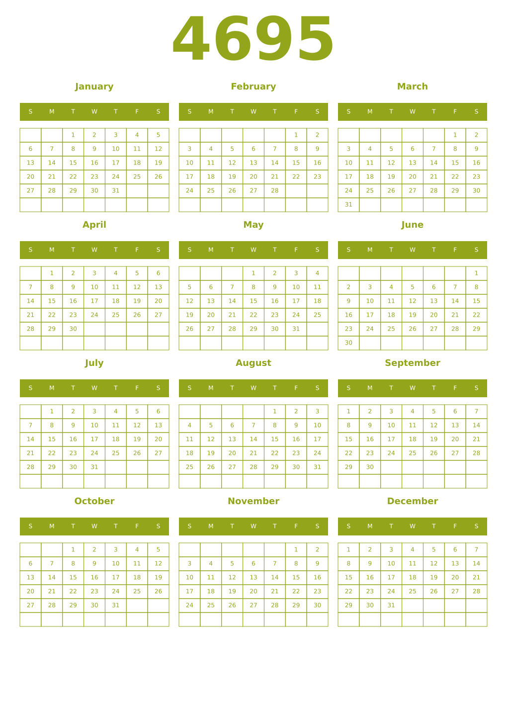 Printable 4695 Year Calendars chartreuse