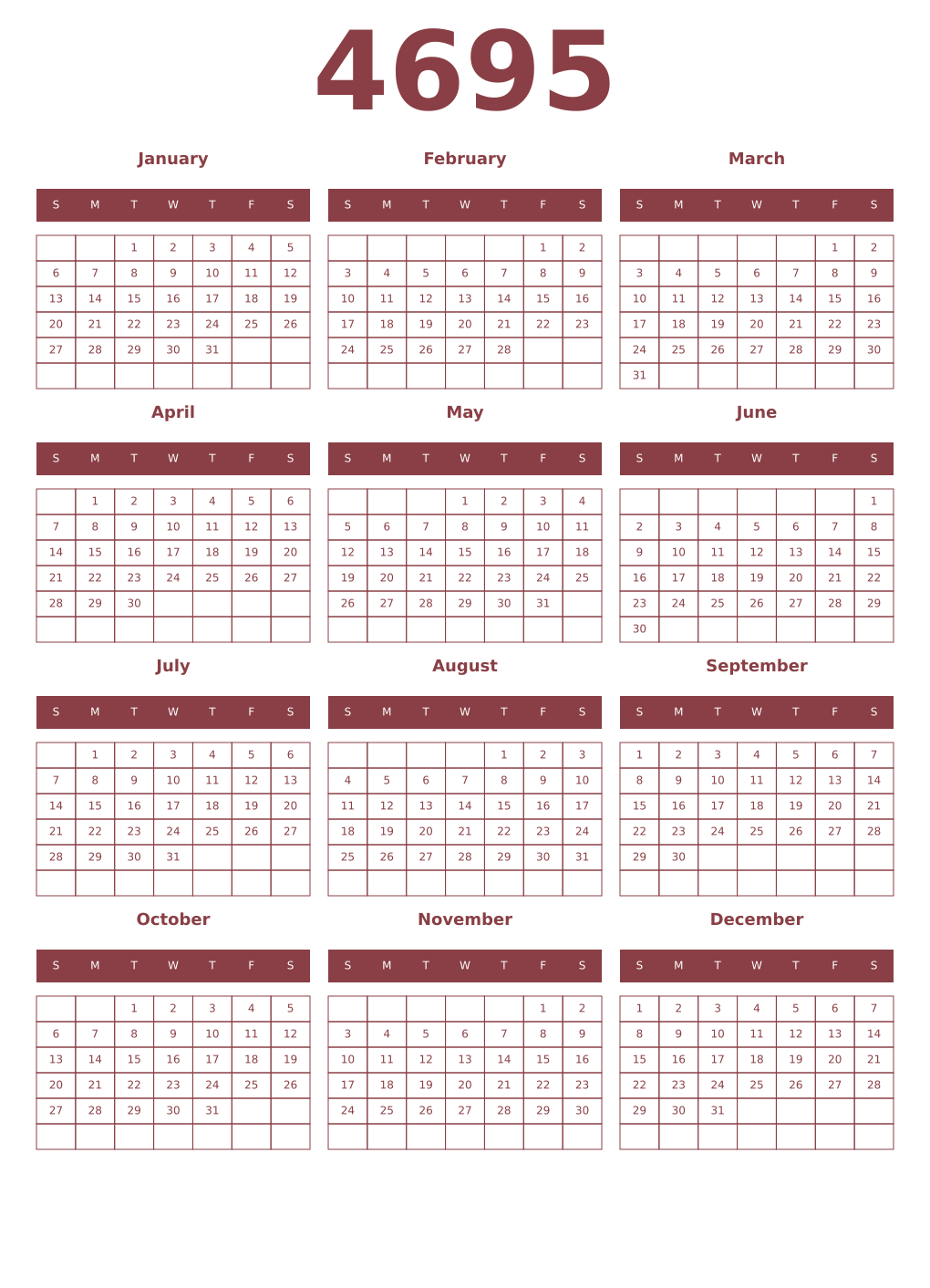 Printable 4695 Year Calendars cordovan