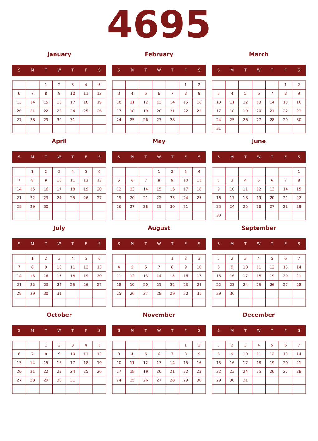 Printable 4695 Year Calendars falu