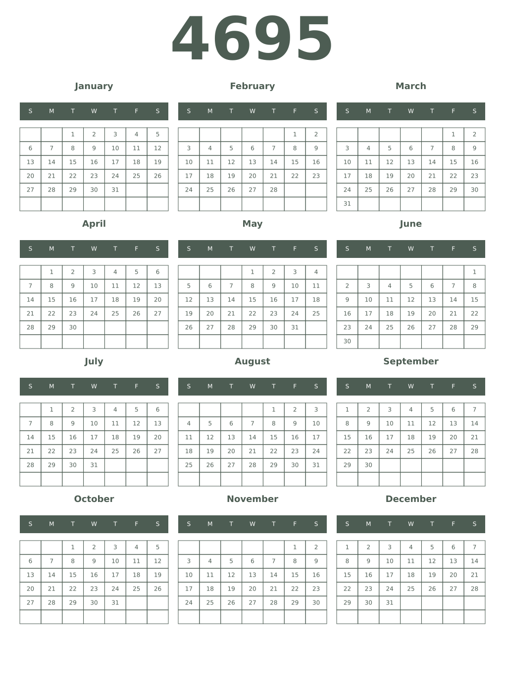 Printable 4695 Year Calendars feldgrau
