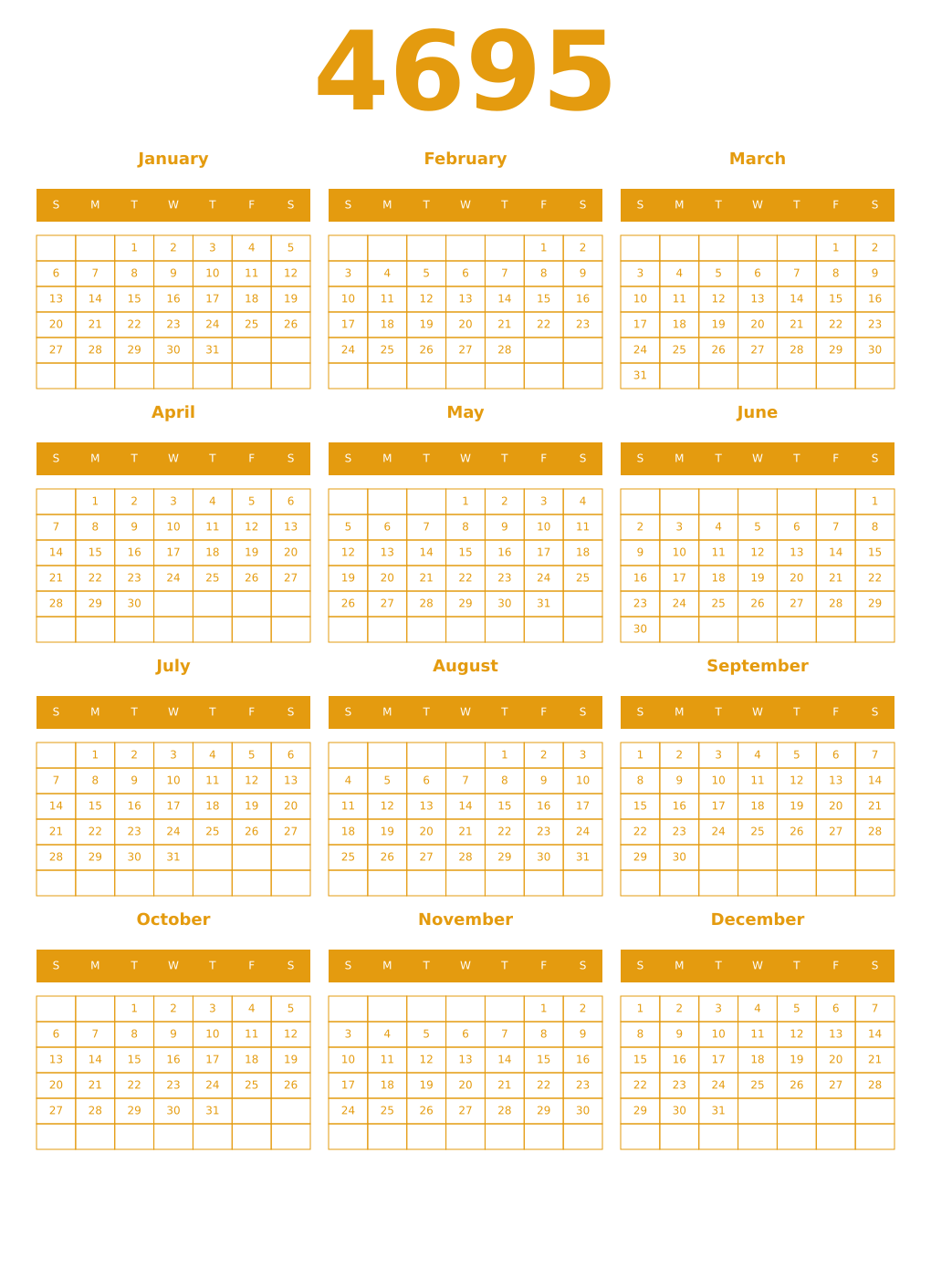 Printable 4695 Year Calendars gamboge