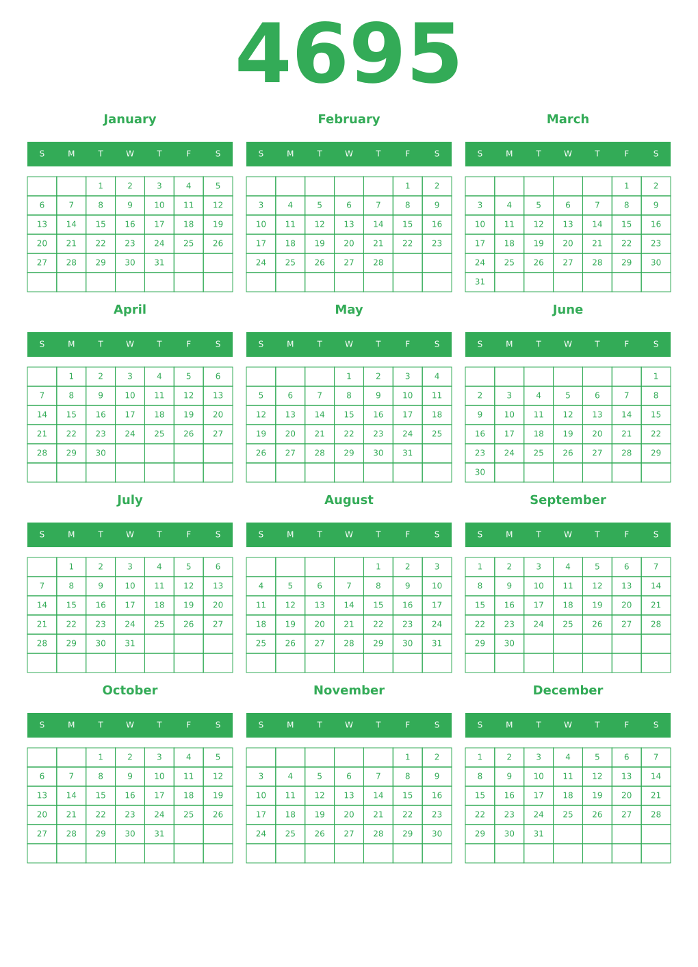 Printable 4695 Year Calendars green