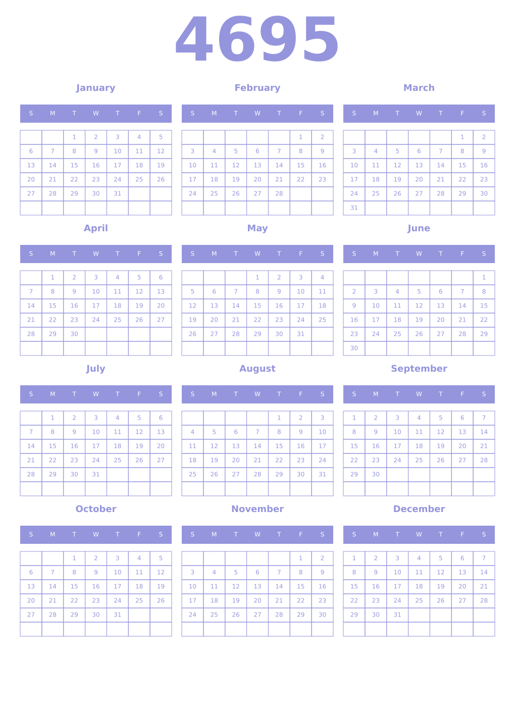 Printable 4695 Year Calendars periwinkle