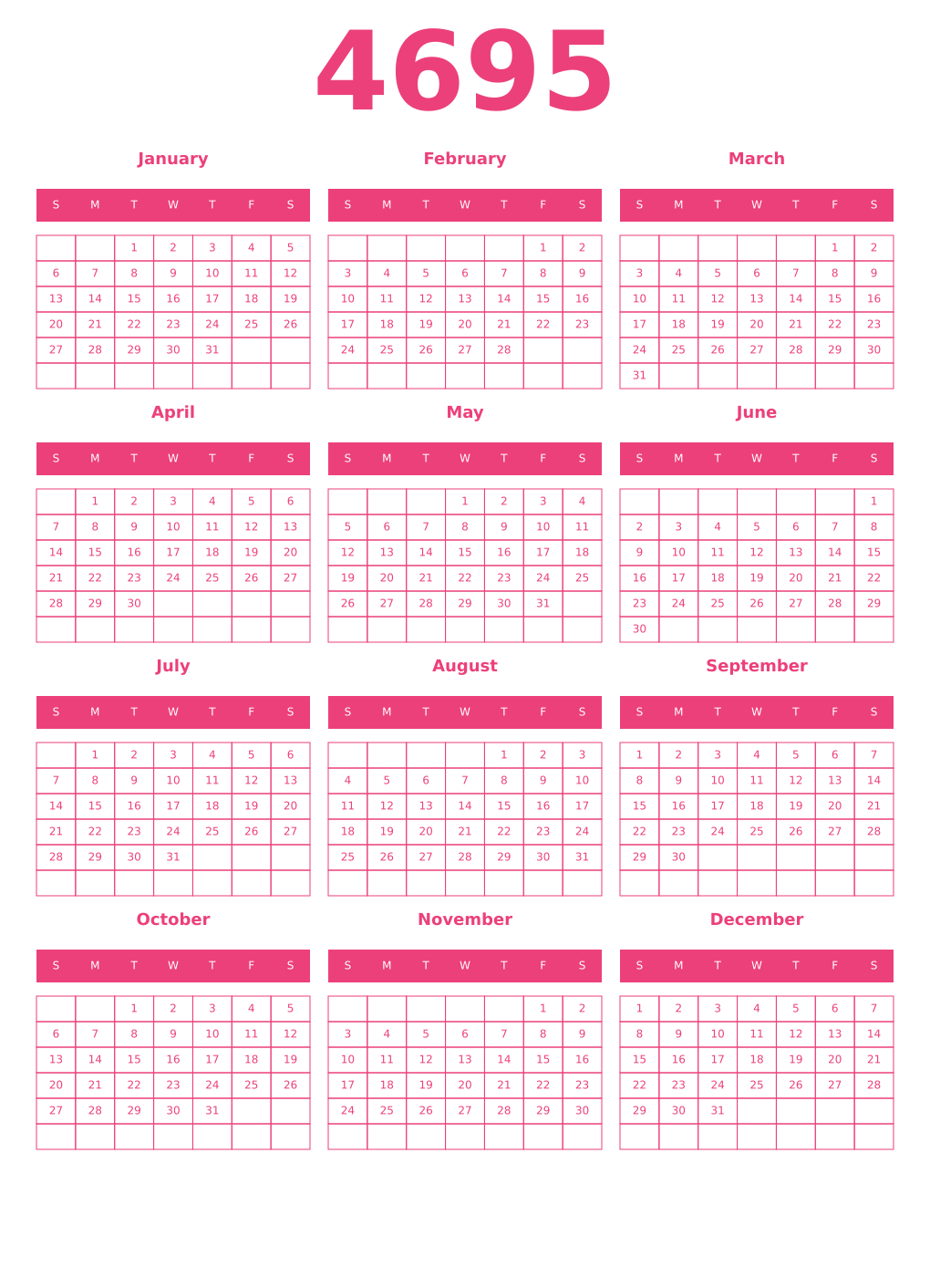 Printable 4695 Year Calendars pink
