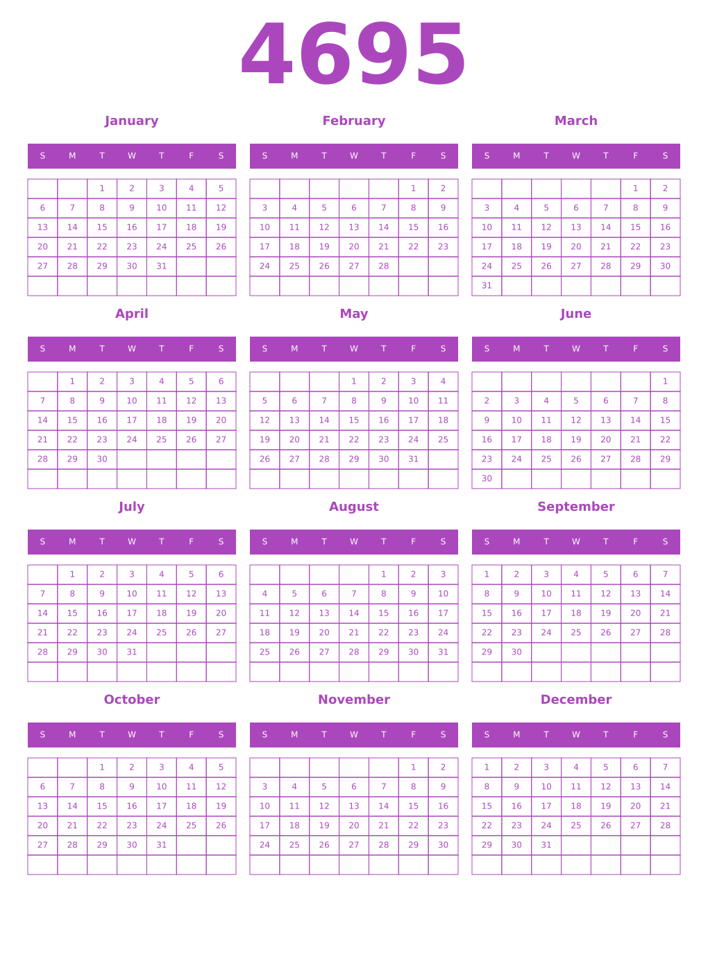Printable 4695 Year Calendars purple