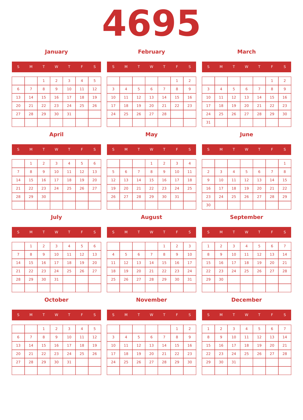 Printable 4695 Year Calendars red